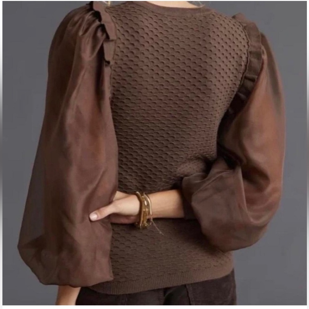 Anthropologie Chocolate Brown Puff‎ Tulle Sleeve Sweater - Picture 3 of 10
